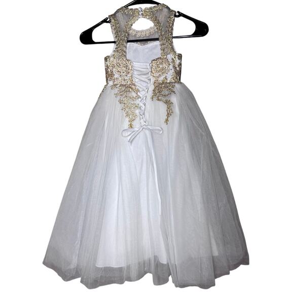 GIRLS FORMAL GOWN WITH HOOP SKIRT WHITE WITH GOLD EMBROIDARY SIZE 2-3Y - Picture 5 of 8